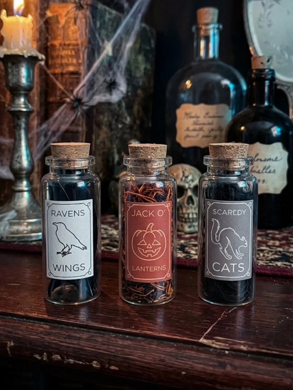 Spooky Halloween Mini Glass Potion Bottle Set – Ravens, Cats & Pumpkins